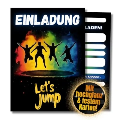 Abbildung von HIDEBLOOM I Jump Party Einladungskarten Kindergeburtstag Jungen 12 Stück DIN A6 (10,5 cm x 14,8 cm) Einladung Geburtstag Jumphouse Trampolin House