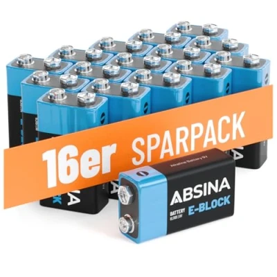 Abbildung von ABSINA 16x 9V Blockbatterie Alkaline Batterie langlebig &amp; auslaufsicher für Rauchmelder vieles mehr 9 Volt Blockbatterie, Block, Blockbatterien 9V, Batterien