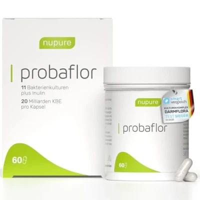 Abbildung von Nupure® Probaflor Mit 345 Mrd KBE/g*, 11 Spezielle Bakterienstämme, Inulin und Lactobacillus salivarius SP2, Besser geschützt dank Spezialdose, 60 Vegan Kapseln