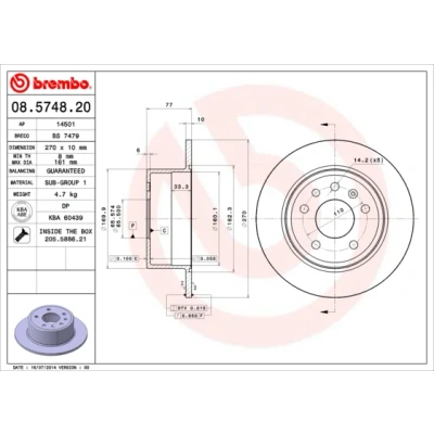 Abbildung von BREMBO 08.5748.20 Bremsscheibe 270 10 5 voll mit Schrauben OPEL: Calibra A, Vectra A Limousine