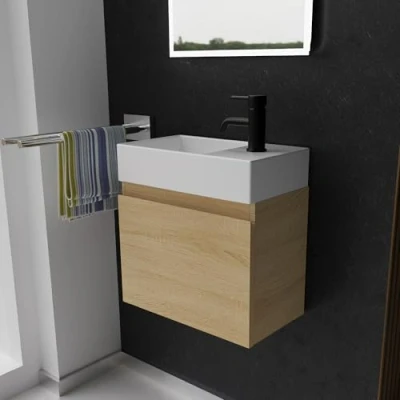 Abbildung von Alpenberger Gäste WC Waschbecken mit Unterschrank 45 cm Breit Waschtisch Set Klein Aufsatzwaschbecken Waschtischunterschrank Hängend Hängeschrank Waschbeckenunterschrank Eiche Hell