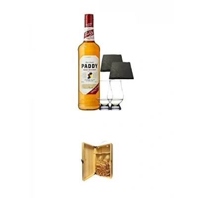 Abbildung von Paddy Irish Whiskey 0,7 Liter + 2 Glencairn Gläser und Schiefer Glasuntersetzer 9,5 cm 1a Whisky Holzbox für Flaschen mit Hakenverschluss