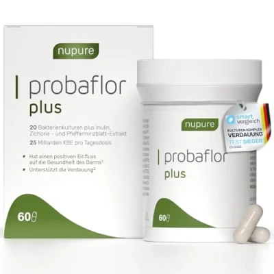 Abbildung von Nupure® Probaflor Plus 400 Milliarden KBE/g*, 60 Kapseln, Hochdosiert, 20 Stämme Milchsäurebakterien und Bifidobakterien, Inulin, Magensaftresistente Kapselhülle