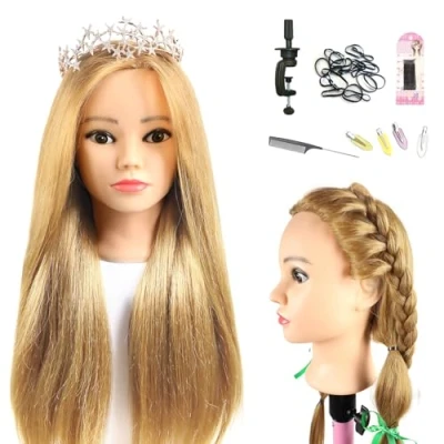 Abbildung von Schaufensterpuppe Kopf 26Inch Weiblich 80% Echthaar Friseur Kosmetologie Ausbildung Haar Puppe mit Tischklemme Halter (27#, 26Inch)