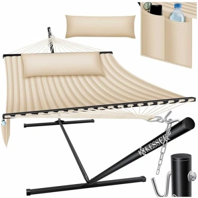 Abbildung von KESSER® Hängematte Hill mit Gestell Doppelhängematte für 2 Personen Stabiler Rahmen bis 200kg Indoor &amp; Outdoor XXL Hängesessel Doppel Mehrpersonen Garten Pool Balkon Terrasse Tasche Kissen Beige