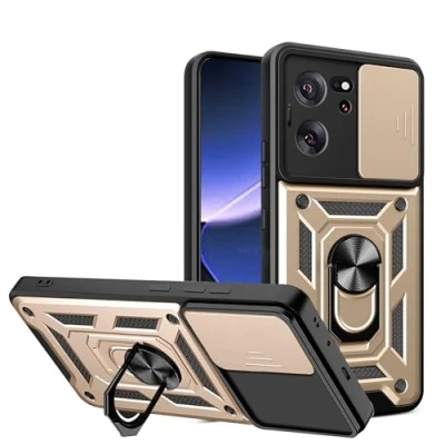 Abbildung von BOKYAS Armor Hülle für Xiaomi 13T Pro/Xiaomi Mit Slide Kameraschutz Cover und Ring Ständer [Handyhülle Kompatibel Auto Magnet] Militärischer Stoßfeste Case, Gold