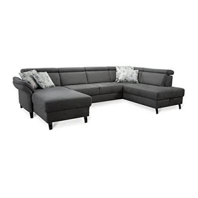 Abbildung von Cavadore Wohnlandschaft Ammerland mit Federkern, Schlafsofa Longchair links und Ottomane rechts, inkl. Kopfteilverstellung, 317 x 84 193, lederoptik anthrazit