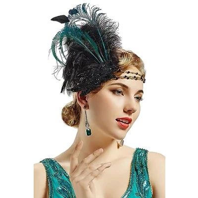 Abbildung von BABEYOND 1920s Stirnband Feder Damen 20er Jahre Stil Charleston Haarband Great Gatsby Fasching Kostüm Accessoires Schwarz
