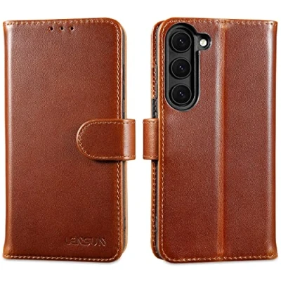Abbildung von LENSUN Echtleder Hülle für Samsung Galaxy S23, Handyhülle [Echtes Leder] [Magnetverschluss] [RFID Schutz] Lederhülle Handytasche S23 5G Dunkelbraun
