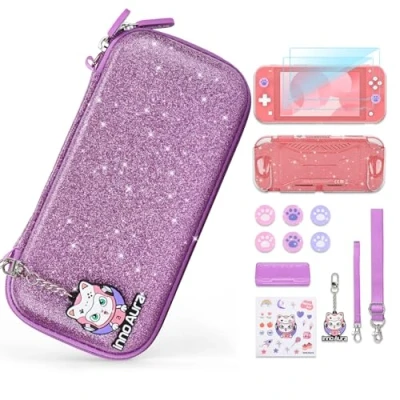 Abbildung von innoAura Switch Lite Tasche, 14 in 1 Zubehörset mit Tragetasche Lila, Hülle, Bildschirmschutz, Case Aufbewahrung (Pailletten Lila)