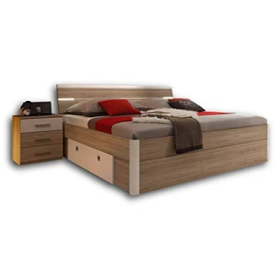 Abbildung von Stella Trading MARS Stilvolle Doppelbett Bettanlage 180 x 200 cm mit 2x Nachtkommoden Schlafzimmer Komplett Set in Eiche Sonoma Optik, weiß 216 97 185 (B/H/T)