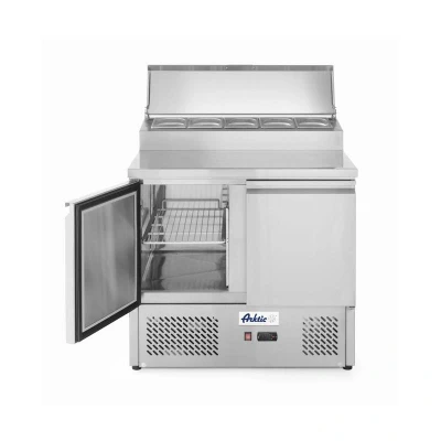 Abbildung von HENDI Pizzakühltisch 300 l 2 türig mit Edelstahl Kühlaufsatz für 5x GN 1/6 und 1/1 inkl. Böden 90 x 70 105,5 cm, Gastro Saladette