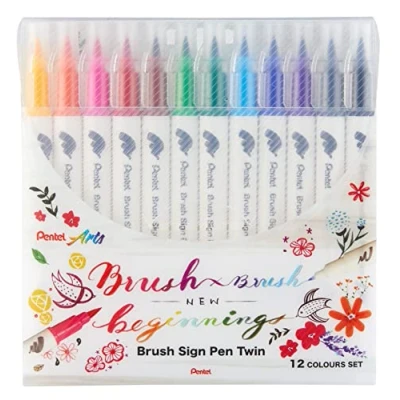 Abbildung von Pentel SESW30C 12 Brush Sign Pen Twin, Farben Set, Fasermaler mit zwei flexiblen Schreibspitzen, Tinte auf Wasserbasis, sortiert