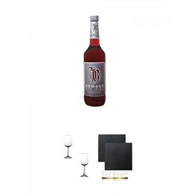 Abbildung von Bumsen Likör 0,7 Liter + Nosing Gläser Kelchglas Bugatti mit Eichstrich 2cl und 4cl 2 Stück Schiefer Glasuntersetzer eckig ca. 9,5 cm Ø