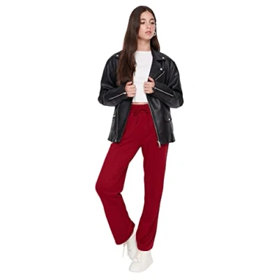 Abbildung von Trendyol Damen Herren Mittlerer Bund Straight Jogginghose Sweatpants Normal Waist Knit Indigo Sweatpants, Burgundy, S