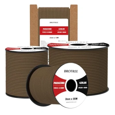 Abbildung von Brotree Paracord 3mm 100M 100% Nylon Seil Schnur Typ II 425 mit 3 Kern für Survival, Outdoor, Armband, Basteln Bruchlast 192kg (Schlammbraun)