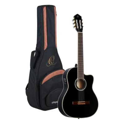 Abbildung von Ortega RCE141BK Konzertgitarre in 4/4 Größe Cutaway elektrifiziert schwarz im hochglanz Finish mit hochwertigem Gigbag und Gurt