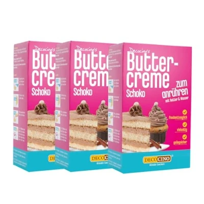 Abbildung von DECOCINO Schoko Buttercreme Fertigmischung (3er Set 3x 250g), zum Einstreichen, Füllen und Garnieren, ideal für Cupcakes, Creme Fondant Torten