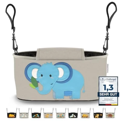 Abbildung von GRINSEZWERGE Kinderwagen Organizer 12 Motive mit Feuchttuchspender I Tasche Schultergurt Kinder Buggy Kinderwagentasche Aufbewahrungstasche Baby Stroller Bag grau Elefant