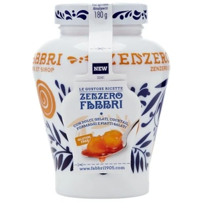 Abbildung von Fabbri 1905 Zenzero Ingwer in Sirup und Kurkuma eingelegt. Süßer scharfer Geschmack als Zutat für süße herzhafte Rezepte. Inhalt: 600g