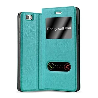 Abbildung von Cadorabo Hülle kompatibel mit Huawei P8 LITE 2015 Sichtfenster aus Kunst Leder Flip Klappbare Magnetische [Standfunktion] [Kartenfächern] Cover für Tasche in Türkis
