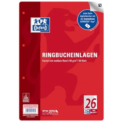 Abbildung von Oxford Ringbucheinlagen A4 kariert mit breitem, weißem Rand rechts, Lineatur 26, 50 Blatt