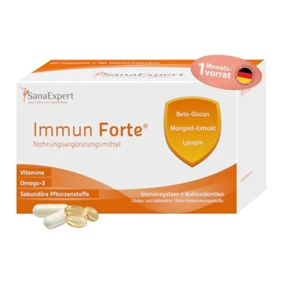 Abbildung von SanaExpert® Immun Forte Vitamin Komplex und Mineralien zur Unterstützung des Immunsystems, Omega 3 Fettsäuren, Beta Glucan, Ringelblumen Extrakt, Lycopin Lutein, 90 Kapseln (69 g)
