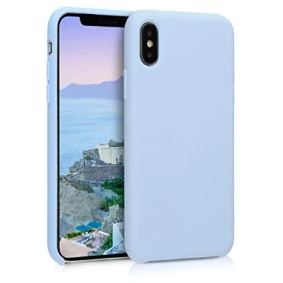 Abbildung von kwmobile Hülle kompatibel mit Apple iPhone X Silikon Handy Case Handyhülle weiche Oberfläche kabelloses Laden Hellblau matt