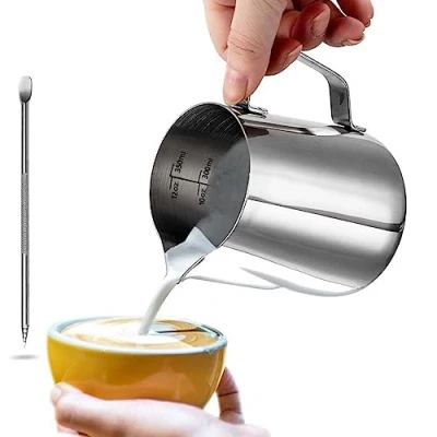 Abbildung von Milchkännchen, Dailyart Milchkännchen aus Edelstahl Milk Pitcher 350ml/12oz Milchkanne Milchschaumkännchen Milch Aufschäumen für Cappuccino und Latte Art, Silber