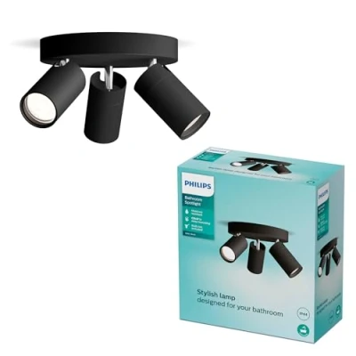 Abbildung von Philips Idris LED 3er Spotleuchte auf runder Platte, GU10 Lampe nicht enthalten, Schwarz, IP44, Wasserfest