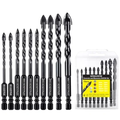 Abbildung von HPMAISON Steinbohrer Set, 10 tlg. Fliesenbohrer Glasbohrer mit 4 Schneiden Hartmetallspitze für Beton, Keramik Fliesen, Ziegelmauer, Wandspiegel, Glas, Kunststoff, Holz und Mauerwerk, Ø 5 12mm