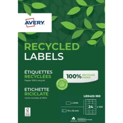 Abbildung von AVERY Box mit 2400 Etiketten, 100% recycelt, selbstklebend, personalisierbar, bedruckbar, Format 70 x 35 mm, scharfe Ecken, Laser und Tintenstrahldruck (LR3422 100)