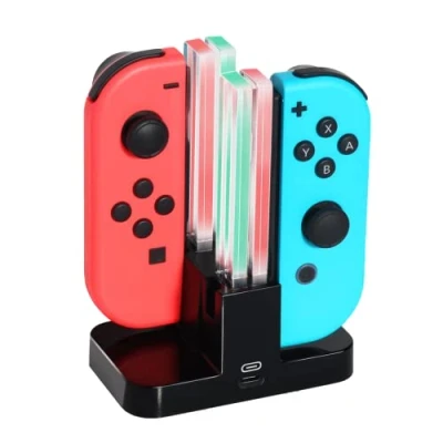 Abbildung von Ladestation für Nintendo Switch mit LED Anzeige, 4 in 1 Joy Con Ladegerät USB C Ladekabel, Schwarz