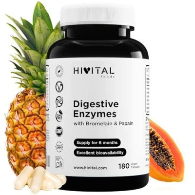 Abbildung von Verdauungsenzyme. 180 vegane Kapseln für eine 6 monatige Kur. Amylase, Protease, Laktase, Lipase, Cellulase, Bromelain und Papain. Hergestellt von HIVITAL