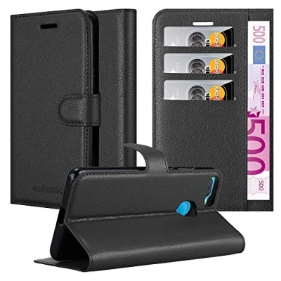 Abbildung von Cadorabo Hülle kompatibel mit Oppo A12 Handyhülle aus Premium Kunst Leder Flip Klappbare Stoßfeste Magnetische [Standfunktion] [Kartenfächern] Cover für Tasche in Schwarz