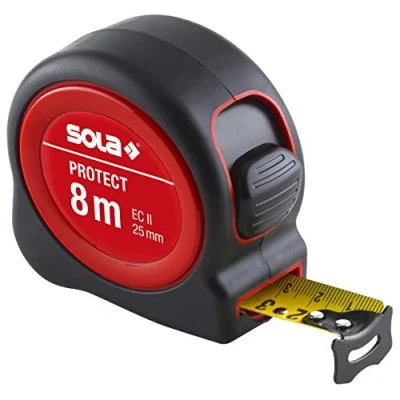 Abbildung von SOLA PROTECT Bandmaß 8m / 25mm robustes Rollbandmaß mit Gürtelclip Stahlband, gelb lackiert mm Skala Genauigkeitsklasse II Rollmeter beweglichem Endhaken Länge 3m, 5m,