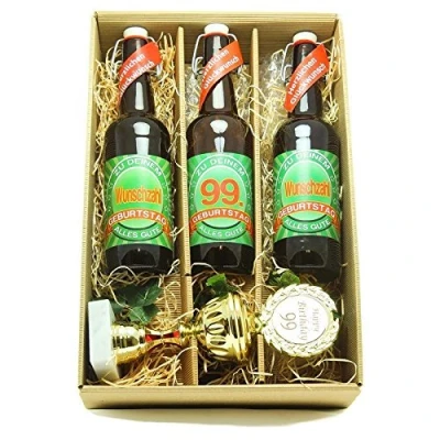 Abbildung von Bier Geschenk zum 99.Geburtstag Geburtstagsgeschenk neunundneunzigster Geburtstag Präsentkarton mit und Pokal 99.