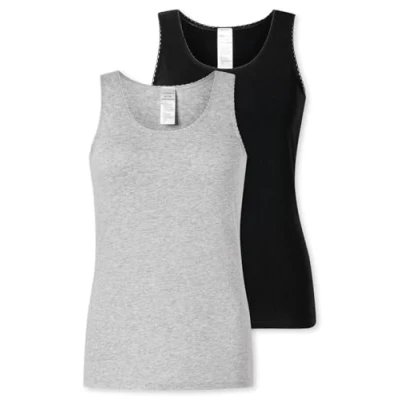 Abbildung von Schiesser Damen Trägertop 2er Pack Größe 46 Modern Multipacks schwarz/grau melange Unterhemd mit Spitze Damenwäsche aus 95% Baumwolle und 5% Elasthan angenehm weich &amp; elastisch
