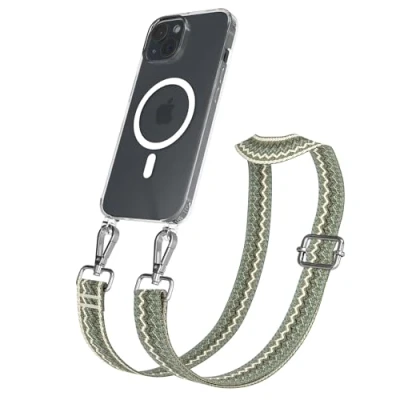Abbildung von EAZY CASE Handykette Verstellbares Taschenband kompatibel mit iPhone 15, Schulterriemen, Handykordel Silikon Hülle, Qi Charging kompatibel, Umhängetasche, Wellen Grün Beige Metall Silber