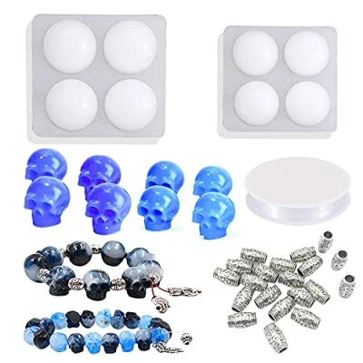 Abbildung von N\A Woohome Perlen Schmuck Silikonform Gießform Resin Form Set, 2 Stück Schädel Silikonformn mit Schnur, Zubehör für Armband, Edelstein Cabochon Schmuckguss