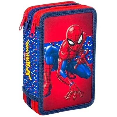 Abbildung von 3 Fach Federmäppchen für Spiderman Fan 44 teilig, komplett gefüllt, inklusive Stifte, Bleistifte, Filzstifte, Buntstifte, Scheren Grundschule und Geschenk Offizielles Gadget Kinder