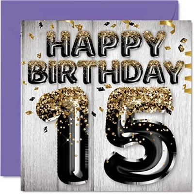 Abbildung von Geburtstagskarte zum 15. Geburtstag für Jungen schwarze und goldene Glitzerballons Happy Karten 15 Jahre alten Sohn Bruder Enkel Cousin, 145 mm x Grußkarten