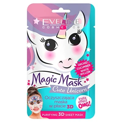 Abbildung von Eveline Cosmetics Magic Mask Süßes Einhorn 3D Tuchmaske Reinigende &amp; Feuchtigkeitsspendende Gesichtsmaske mit Orchidee, Gurke und Weidenextrakten für strahlende Haut