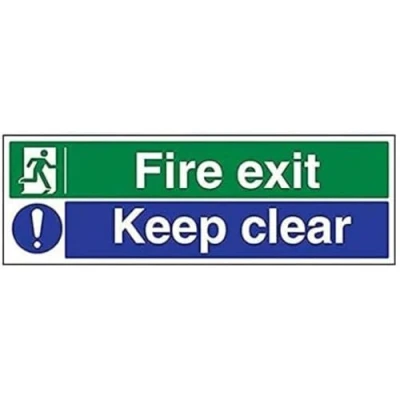 Abbildung von VSafety Schild für Notausgang mit Aufschrift „Fire Exit/Keep Clear“, Querformat, 600 x 200 mm, 1 mm dicker Hartkunststoff, englische Version