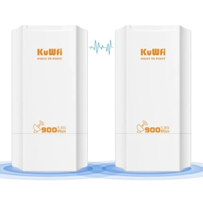 Abbildung von KuWFi Wireless Bridge 900Mbps, Point to Wlan Outdoor CPE, WiFi für 2KM Netzwerkverlängerung, CCTV, Kamera, Starlink Router, Access mit 24V PoE, 2 RJ45 LAN Port,2 Pack