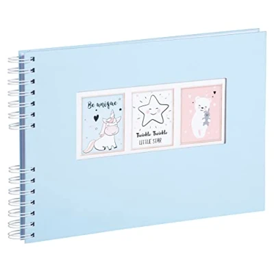 Abbildung von Exacompta 16335E Fotoalbum mit Spiralbindung SWEET 150 Fotos 50 weiße Seiten Format 32 x 22 cm Einband aus hellblau getöntem Papier Fenster zur Personalisierung