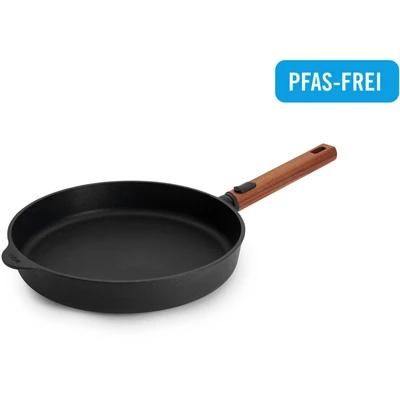 Abbildung von Woll Eco Logic QXR Guss Flachpfanne Induktiv , Ø 28 cm, 5 cm hoch, mit abnehmbarem nachhaltigem Holzstiel Geeignet für alle Herdarten, PFAS frei, Antihaft Versiegelung, Aluminiumguss