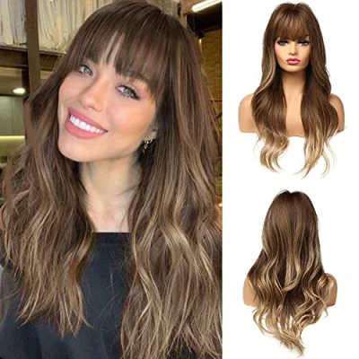 Abbildung von Esmee 24 Zoll Ombre Golden Brown Perücke mit Pony für Frauen synthetische Perücken lange natürliche Welle hitzebeständig Haar tägliche Party Cosplay