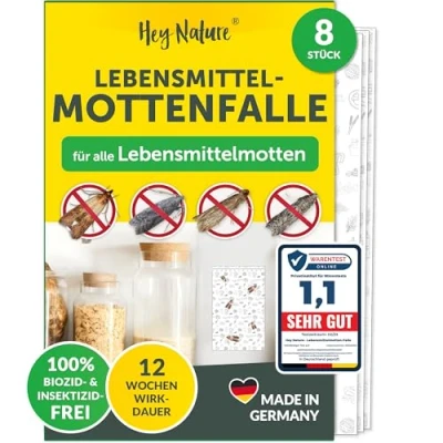 Abbildung von Hey Nature Lebensmittelmotten Falle, 8 Stück, Mottenfalle Lebensmittel, insektizidfreie Pheromonfalle mit maximaler Lockwirkung zur Befallsermittlung, Monitoringfalle gegen