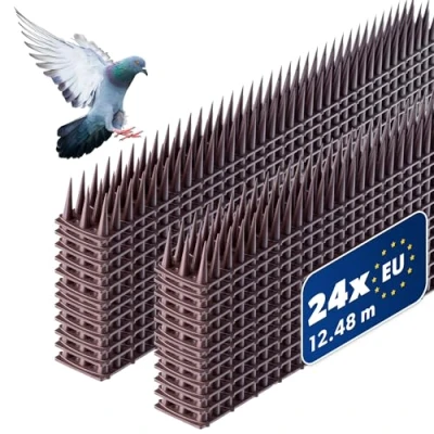 Abbildung von KADAX 24 Stück Vogelabwehr Spikes, Kunststoff, 51x4x3,5 cm, 3 reihig, für Tauben, Katzen, Marder, Zaun, Balkon, Dach, Fensterbank, robust und wetterbeständig, frei zuschneidbar, Braun